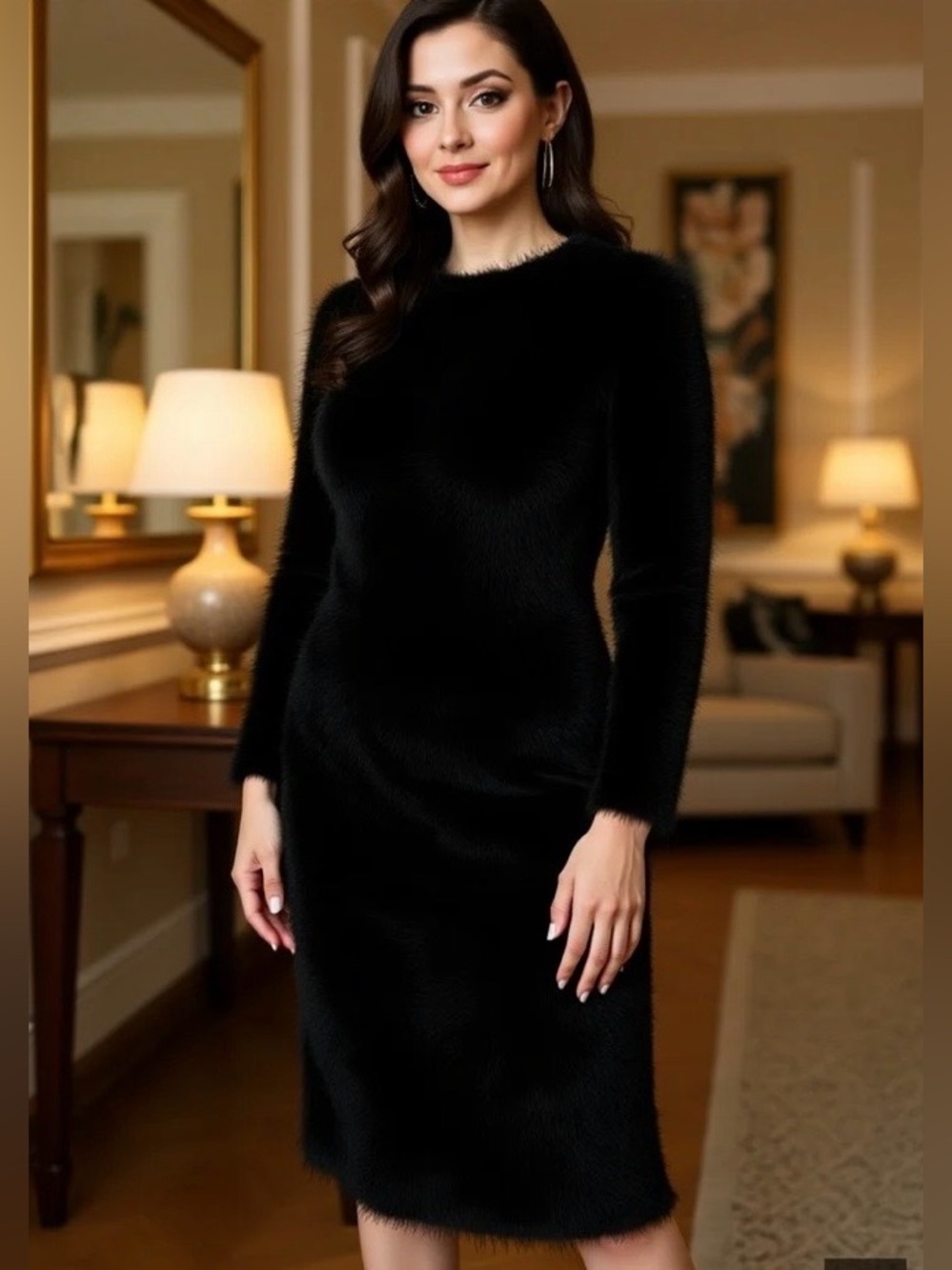 Black Fuzzy Long-Sleeve Women's Dress - Picture 1 of 12